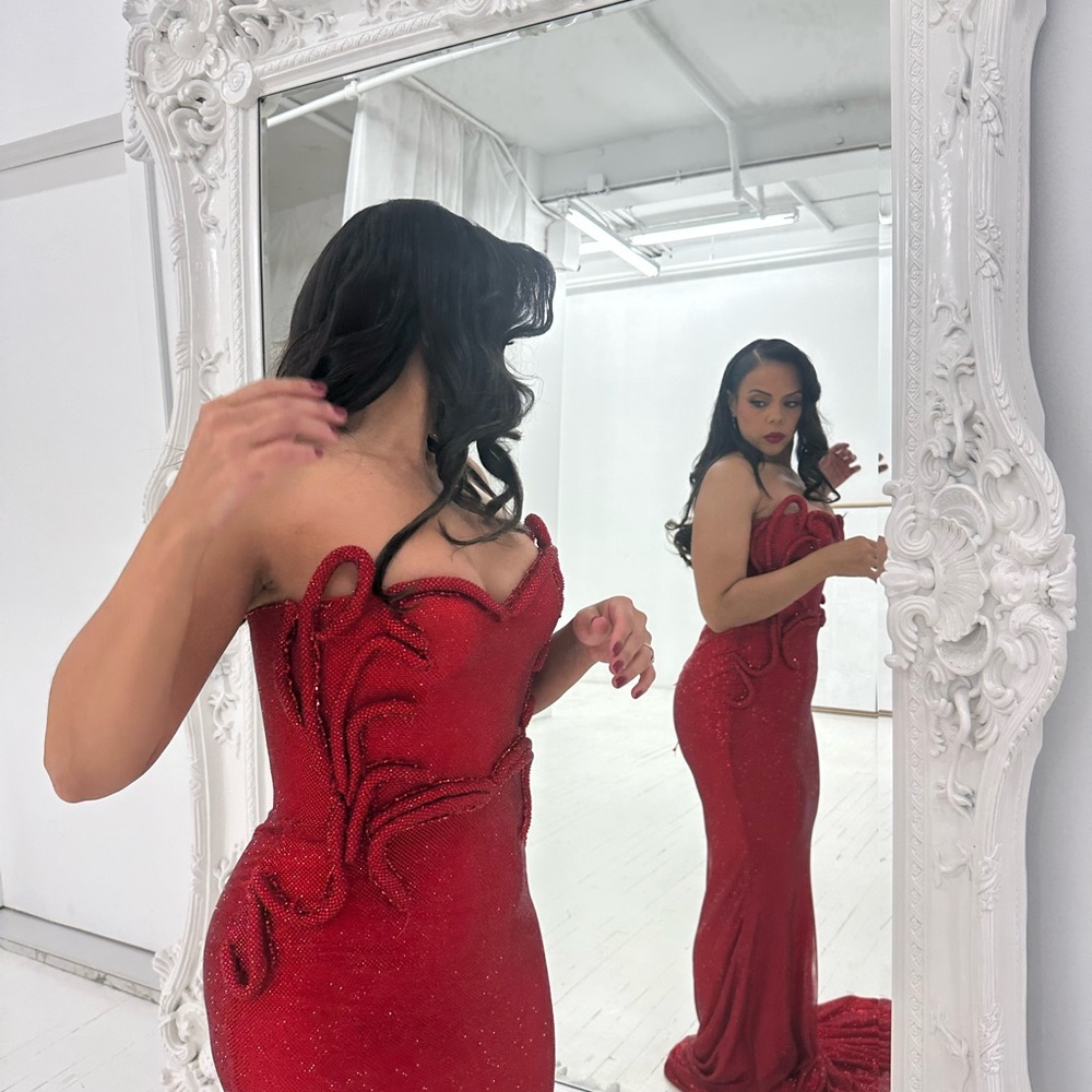 Strapless Red Beaded Mermaid Evening Dress